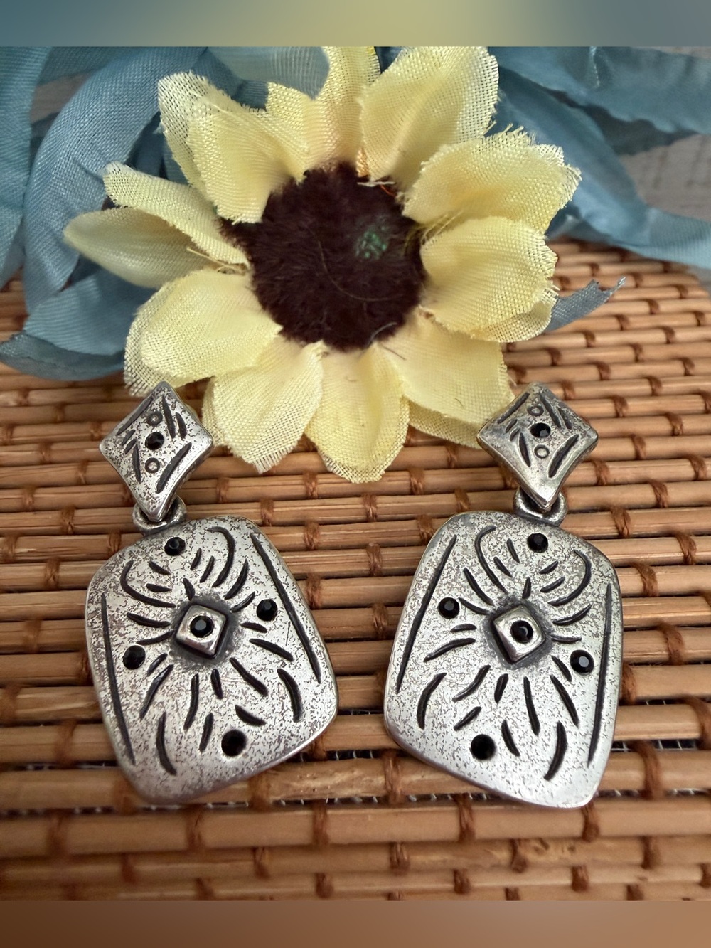 Chico's Signed Antiquated Silver-tone & Black Rectangle Drop Earrings